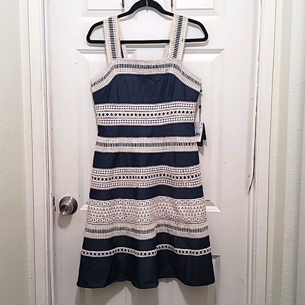NEW Adrianna Papell Dress Women 6 Navy Blue White Lace Crochet Denim‎ Fit Flare